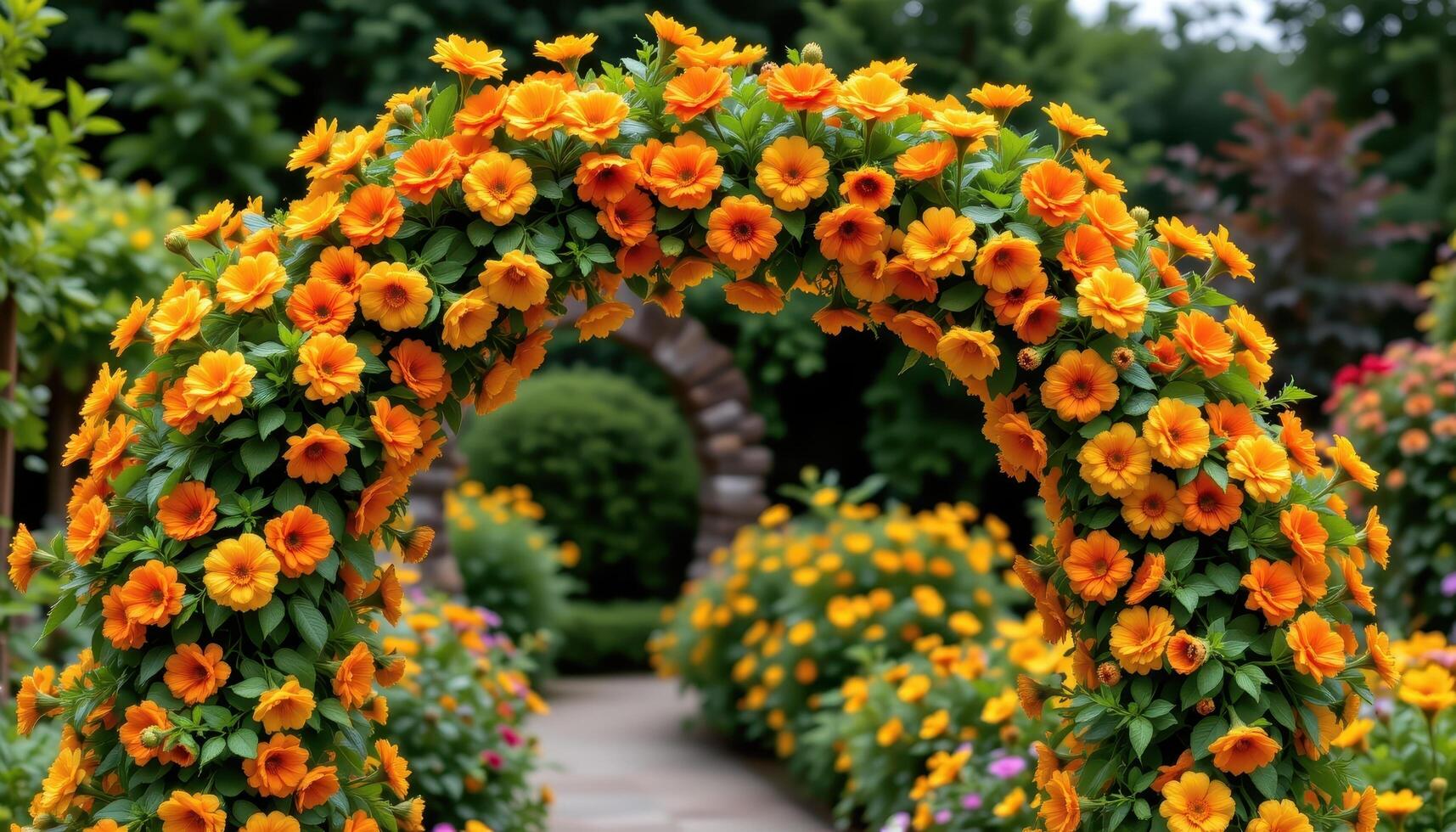 a vibrant flower arch bursting with bright orange marigolds, yellow sunflowers, and lush green foliage, creating a festive garden atmosphere. photo