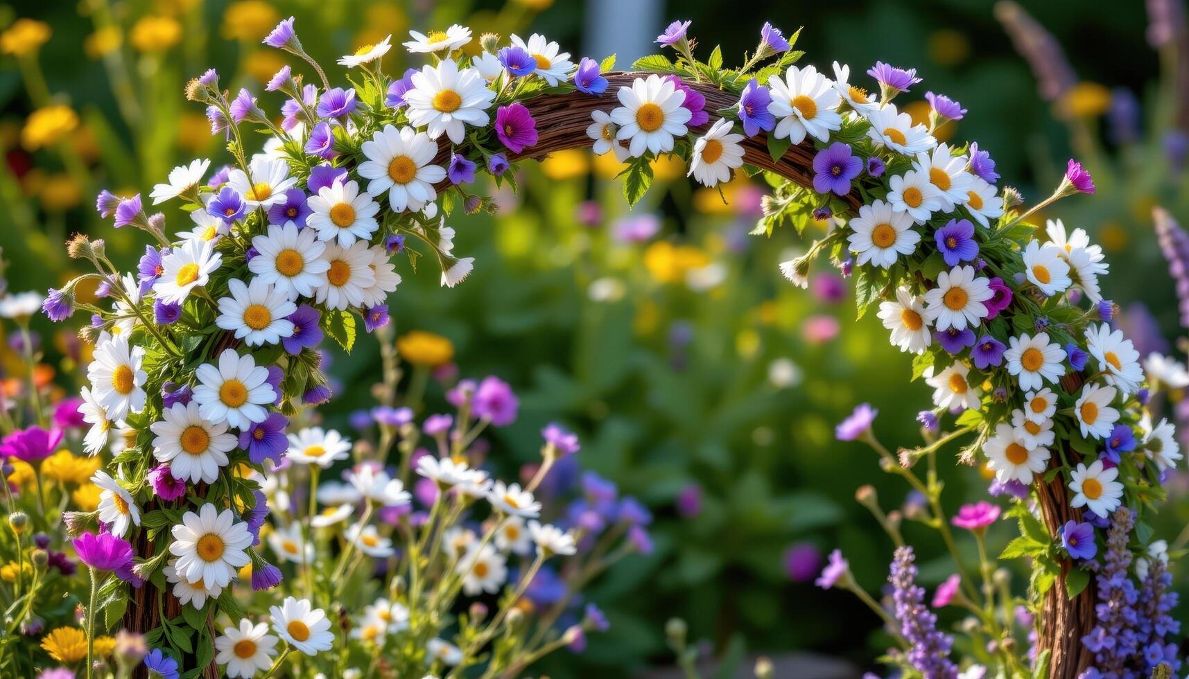 a wildflower arch of daisies, cornflowers, and lavender, rustic wooden branches, warm afternoon light. photo