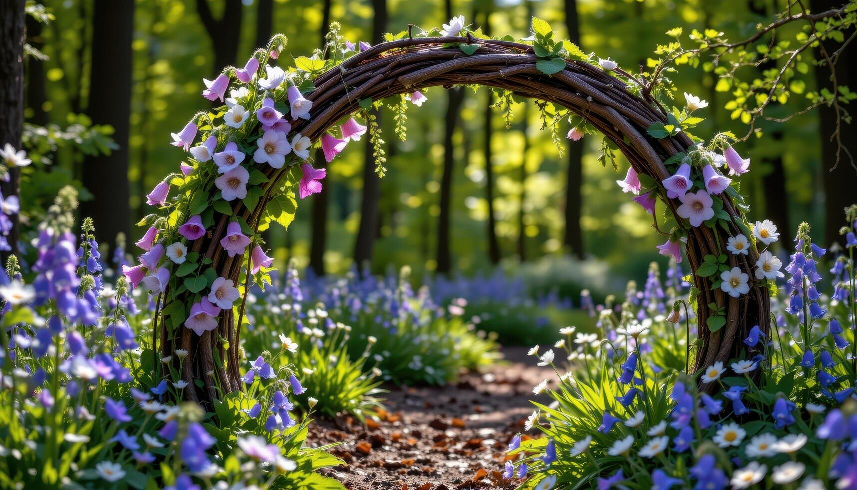 a natural woodland arch made from twisted branches and adorned with foxgloves, bluebells, and small white daisies, bathed in the gentle glow of dappled sunlight. photo
