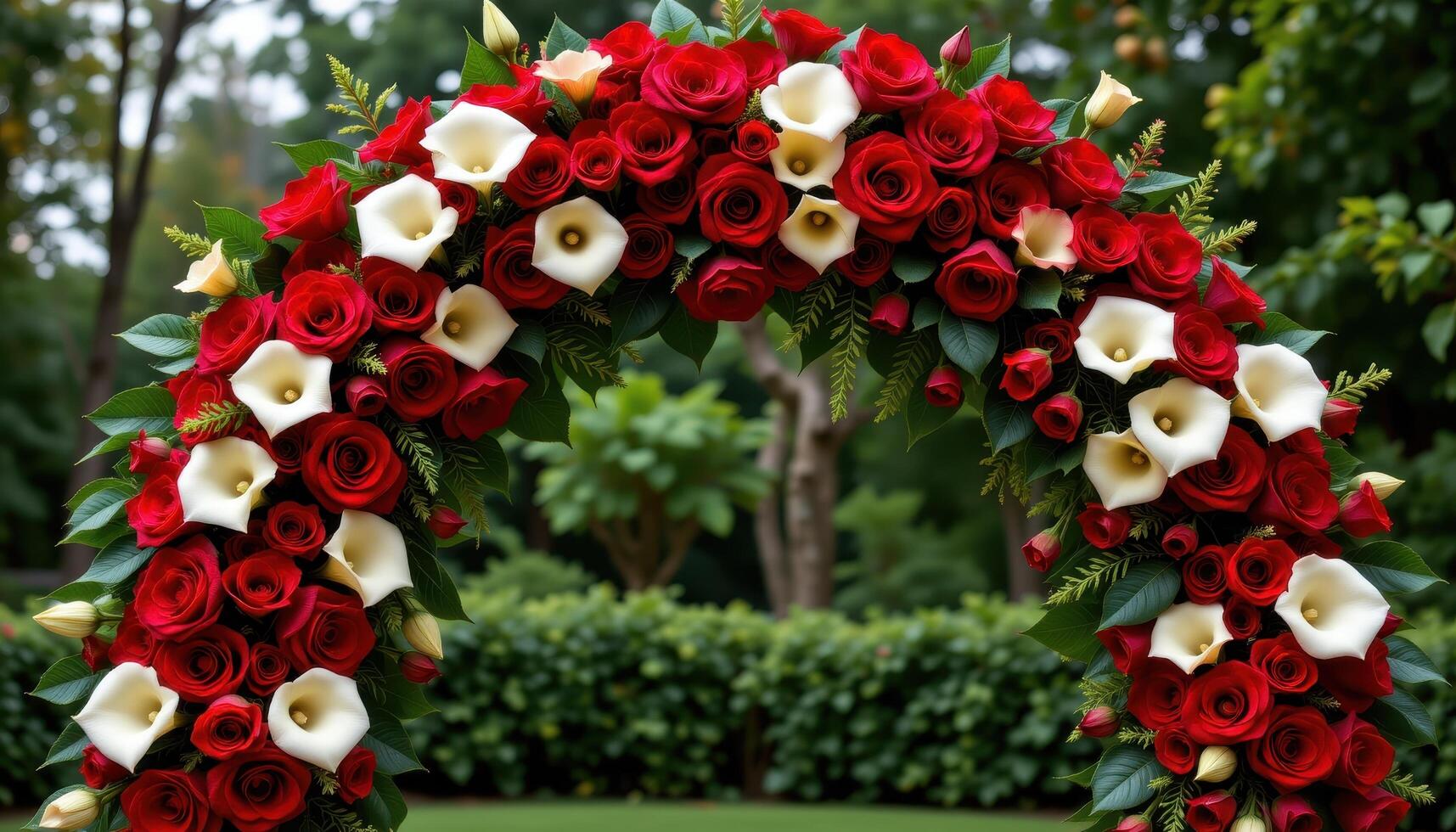 a dramatic floral arch with deep red roses, ivory calla lilies, and large dark green leaves, designed to create a luxurious and intimate atmosphere without any humans or animals. photo