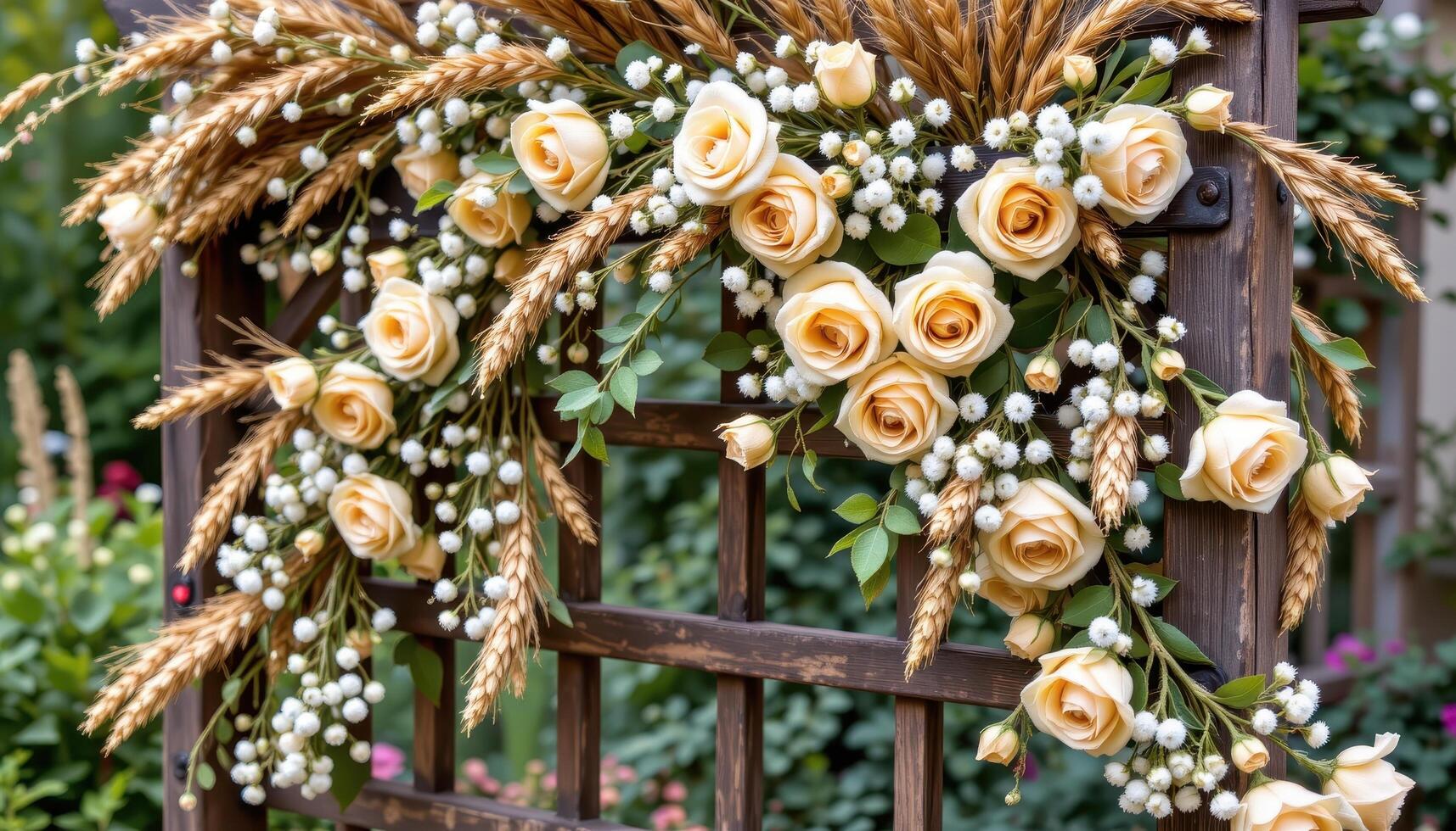 a rustic wooden trellis covered in dried wheat, soft beige roses, and clusters of baby's breath, creating a warm and inviting atmosphere in a quiet garden corner. photo