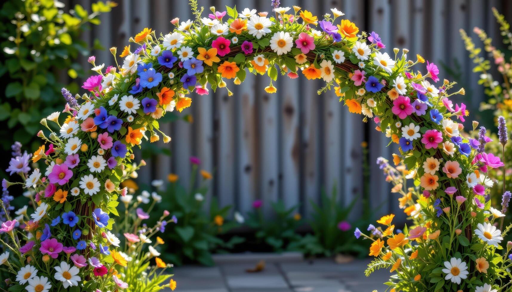 a whimsical flower arch constructed from multicolored wildflowers like daisies, cornflowers, and lavender, woven through rustic wooden beams and bathed in gentle natural light. photo