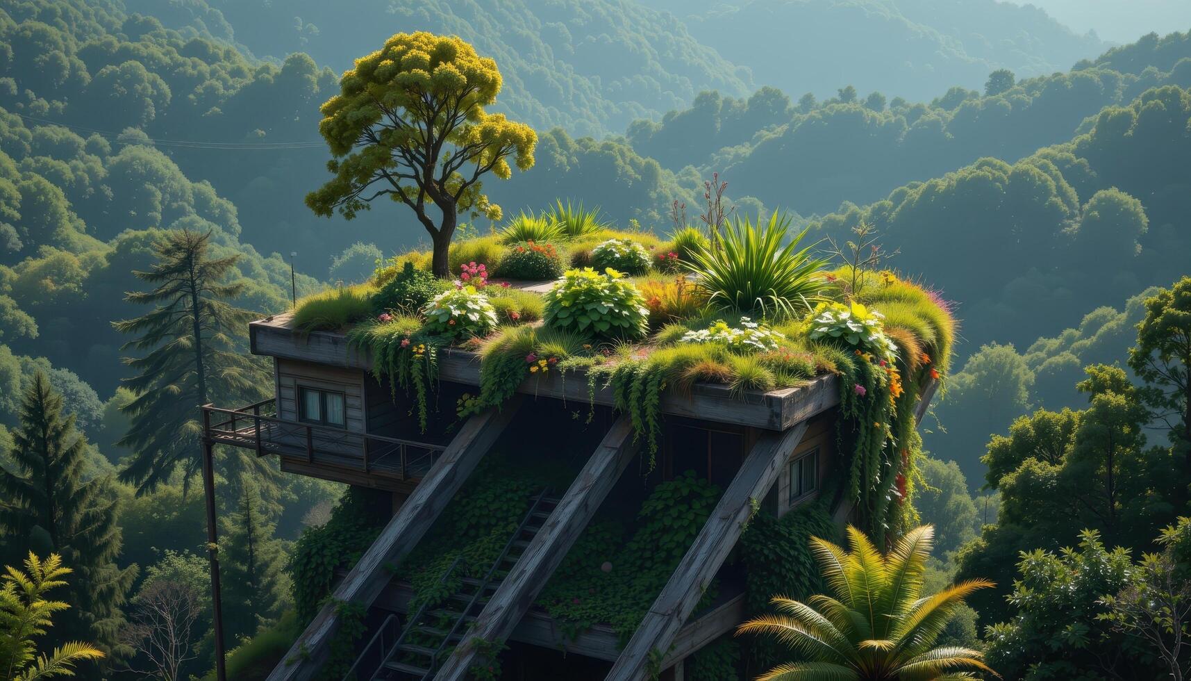 a hidden rooftop in the forest, topped with thick natural vegetation, existing silently on its own. photo