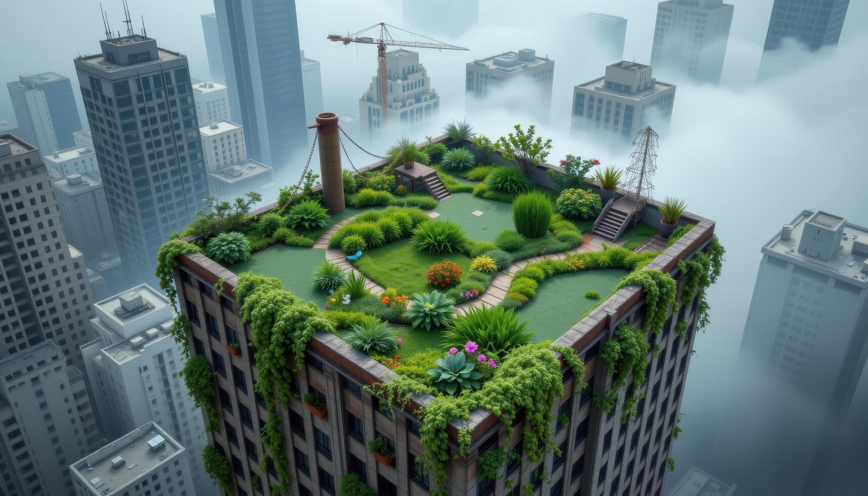 a rooftop jungle on an urban skyscraper, surrounded by mist, full of plants and absolutely no other life. photo