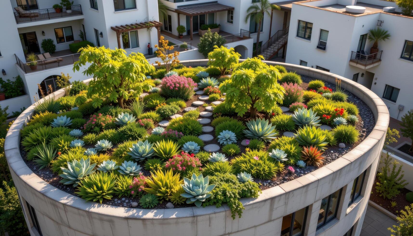 a curved building rooftop covered entirely with succulents, small trees, and wild herbs, gently glowing under soft daylight. photo