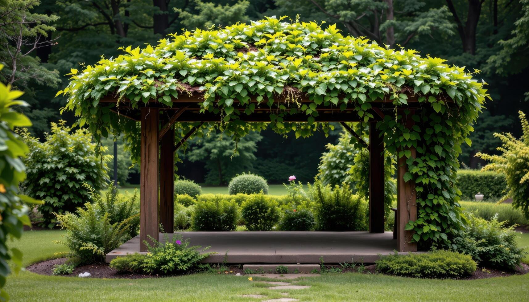 a quiet garden pavilion with a roof densely overgrown by cascading vines, small leafy shrubs, and soft patches of moss in tranquil stillness. photo