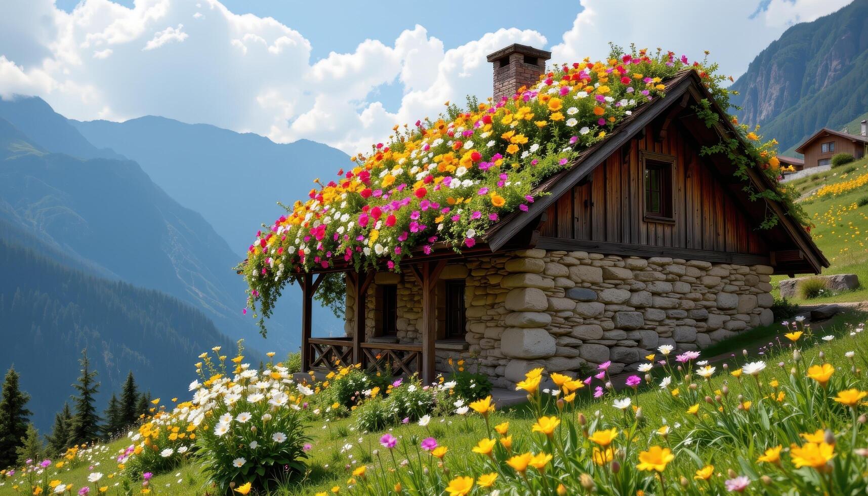 a low roofed stone hut surrounded by alpine flowers covering every inch of its slanted top. photo