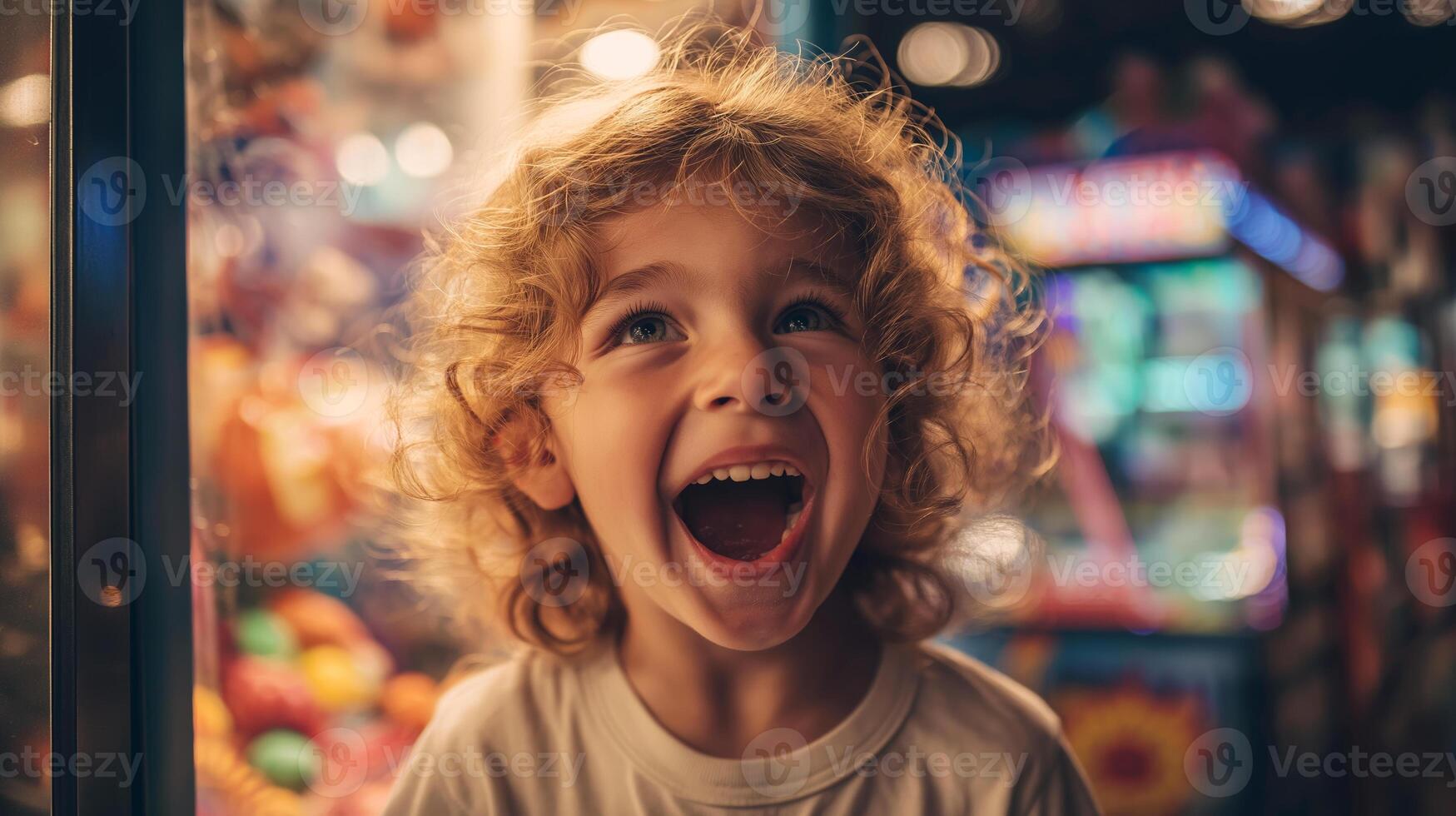 Joyful Child in Vibrant Arcade Capturing the Pure Delight and Wonder of Childhood Amidst Colorful Arcade Lights photo