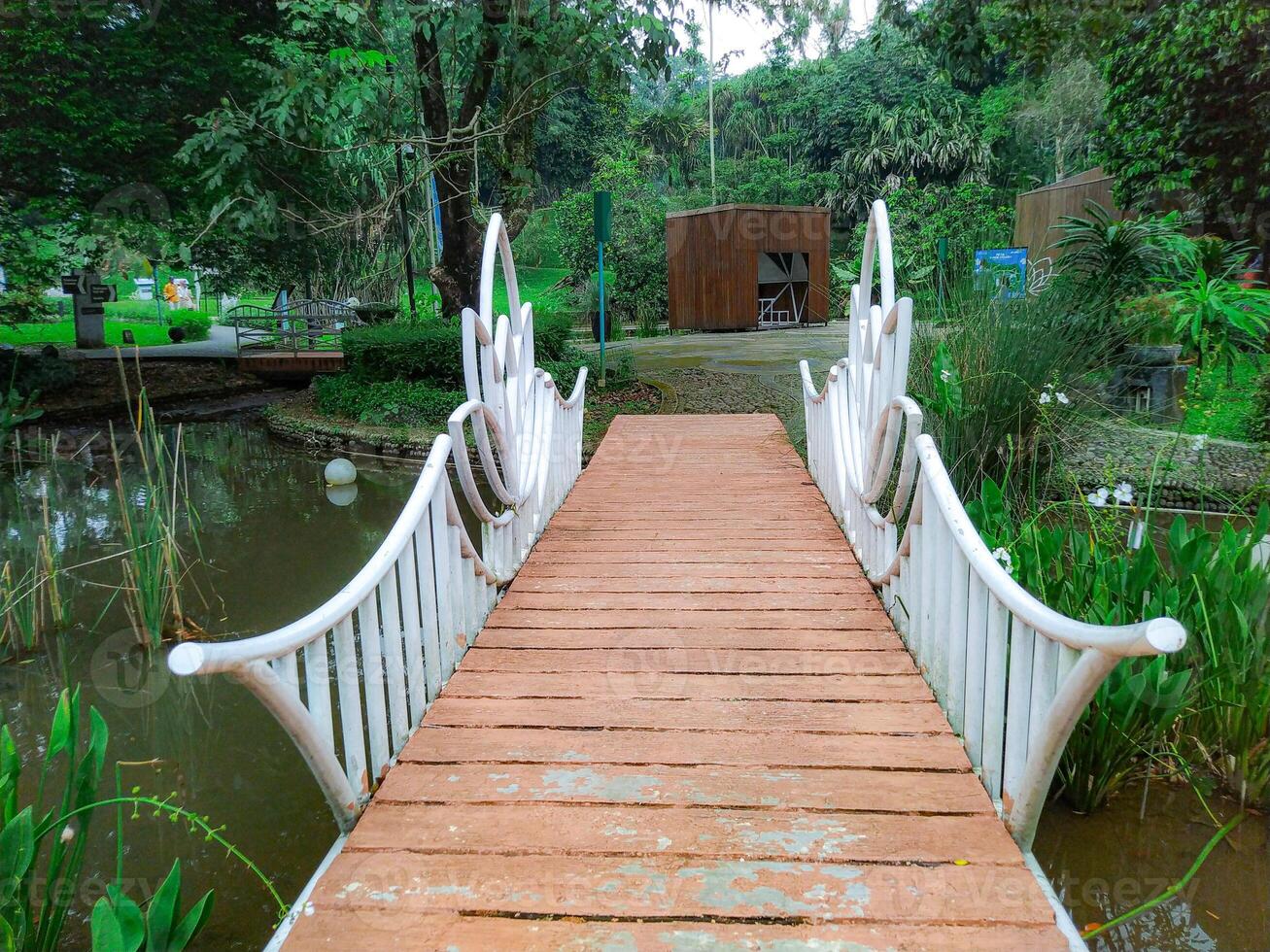 A wooden bridge over a pond in a park photo