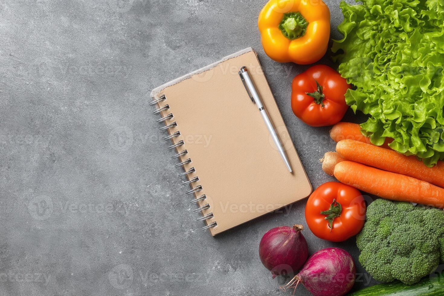 Meal Planning Layout with Fresh Produce and Stationery photo