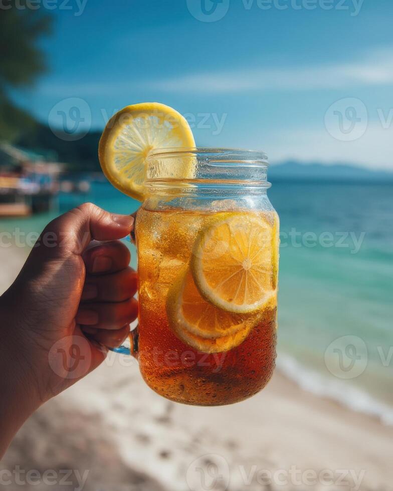 Refreshing Iced Tea Mason Jar with Lemon photo