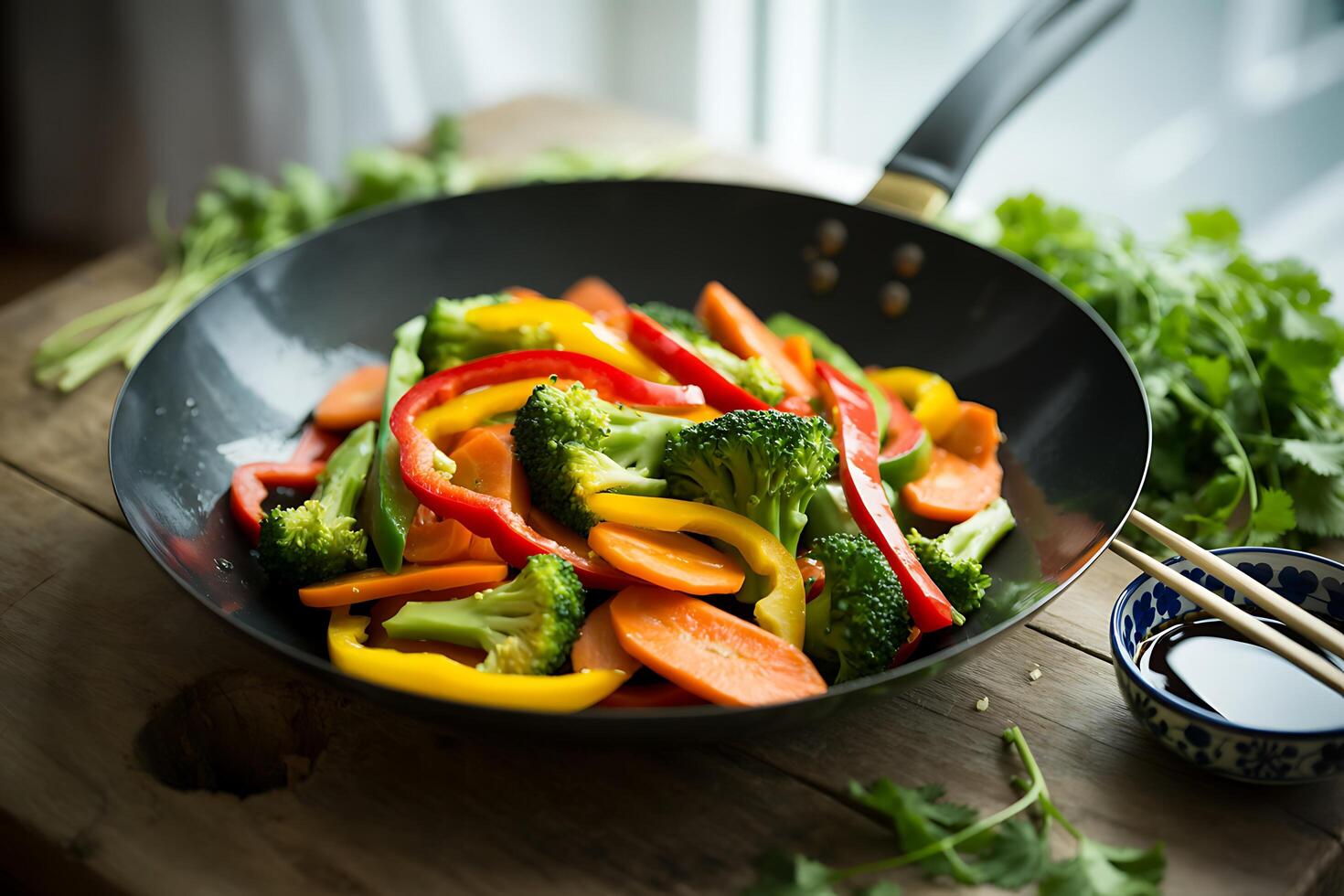 Colorful vegetable stir-fry in a pan photo