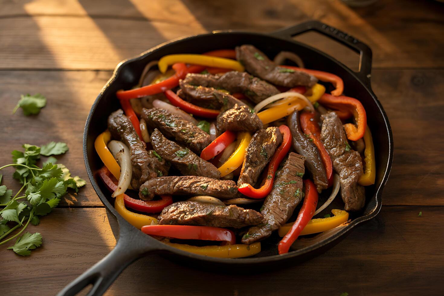 Sizzling steak fajitas with colorful peppers and onions served in a cast iron skillet photo