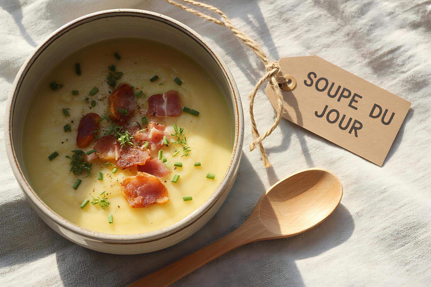 Creamy potato soup topped with bacon and chives served in a rustic bowl with a wooden spoon and soup du jour tag photo