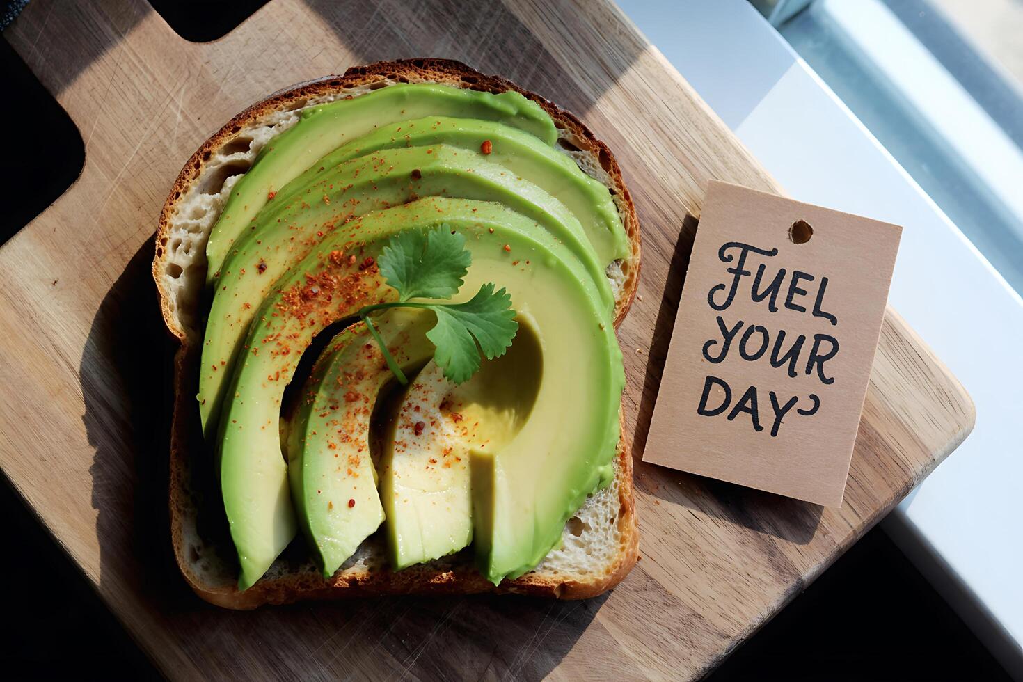 Healthy avocado toast with chili flakes and cilantro on rustic bread photo