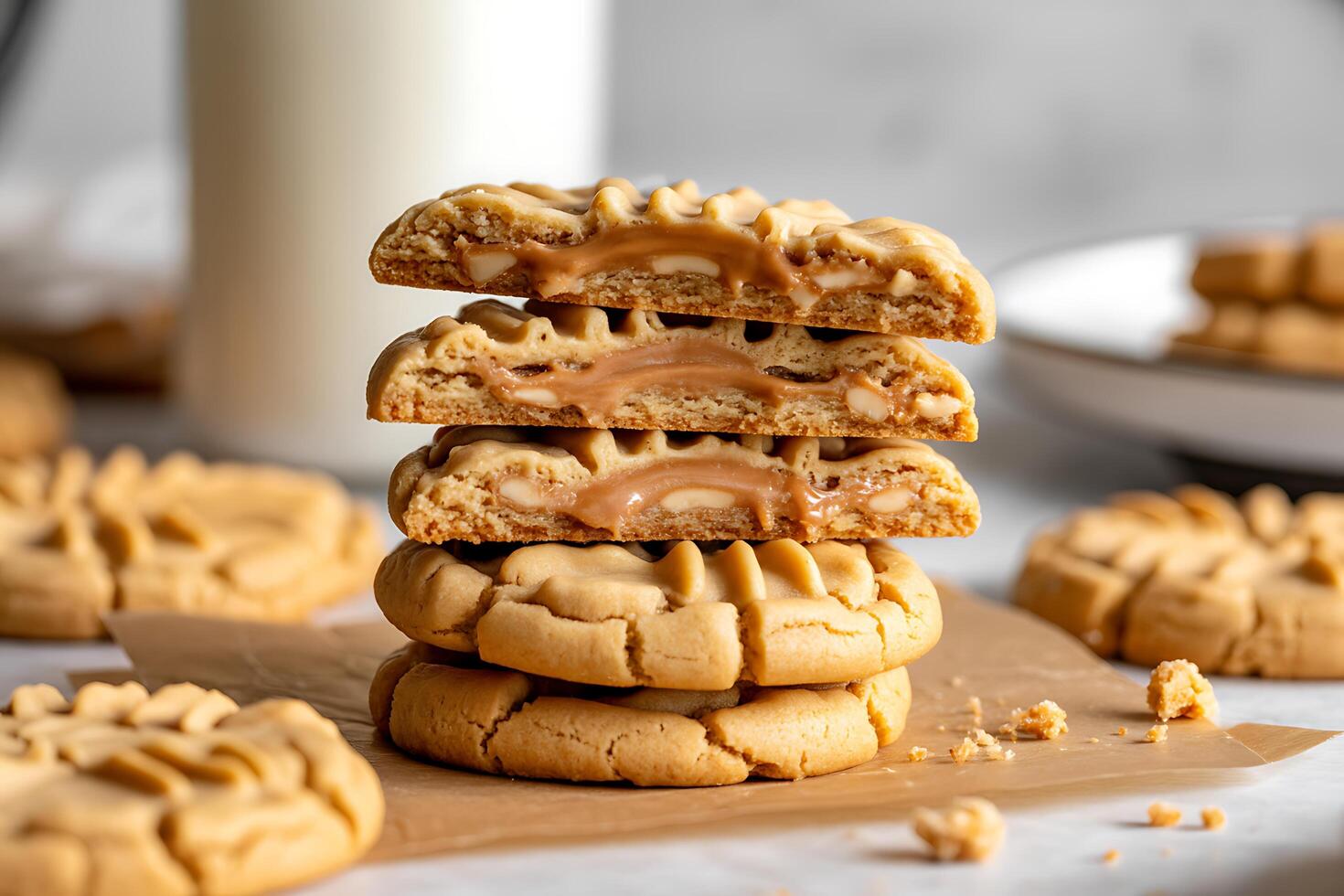 Deliciously gooey peanut butter cookies stacked high with a creamy peanut butter filling and chunks of peanuts photo