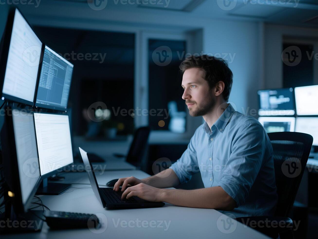 Dedicated Developer Working Late with Multiple Monitors photo