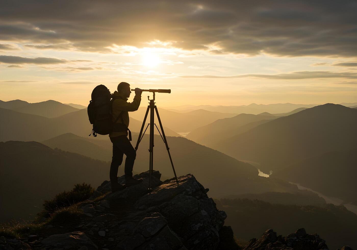 A person with a backpack standing on top of a mountain with a tripod looking at the sunset photo