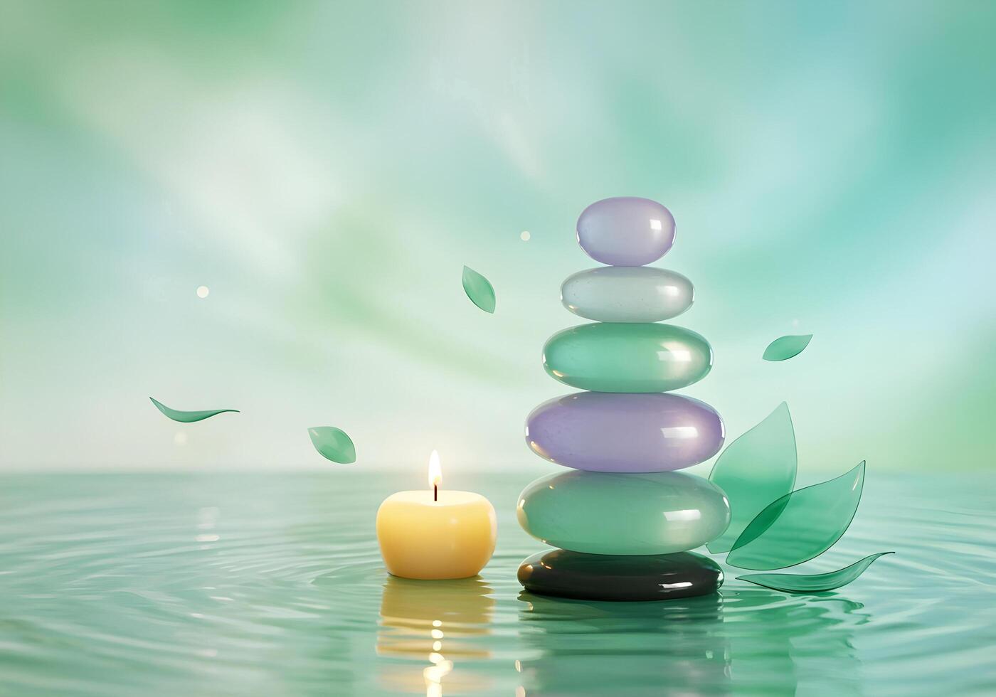 Stacked Spa Stones with Candle and Floating Leaves photo