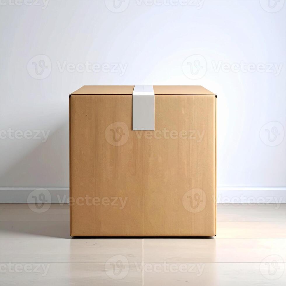 Blank Kraft Shipping Box Mockup with Flaps Closed No Tape or Label Presented on Plain Neutral Surface photo