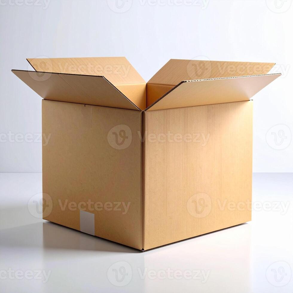 Blank Kraft Shipping Box Mockup with Flaps Closed No Sticker or Tape on Clean Background Front Angle photo