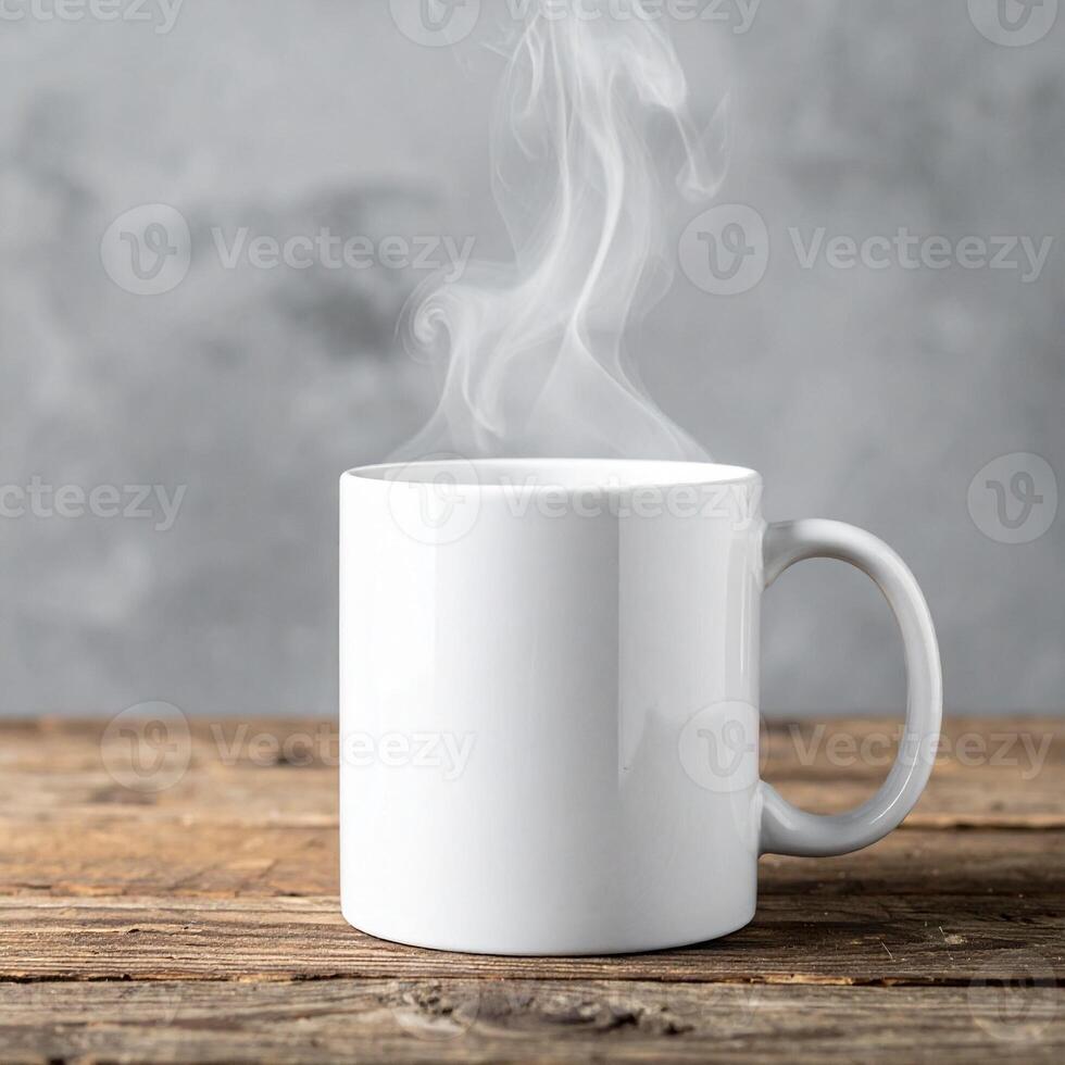 Plain Mug Mockup Side View with Rising Steam Rustic Wooden Surface No Branding Cozy Product Look photo