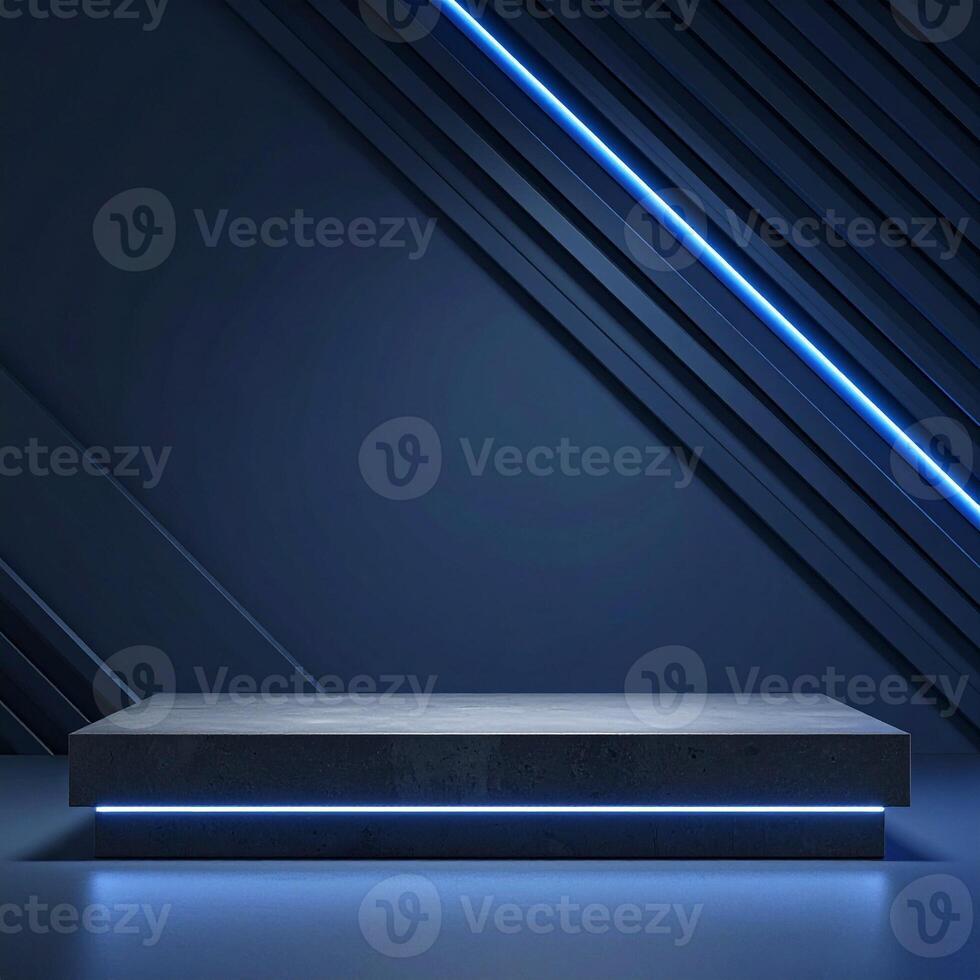 Muted Navy Blue Gradient Background with Diagonal Line Pattern and Dark Gray Concrete Podium photo