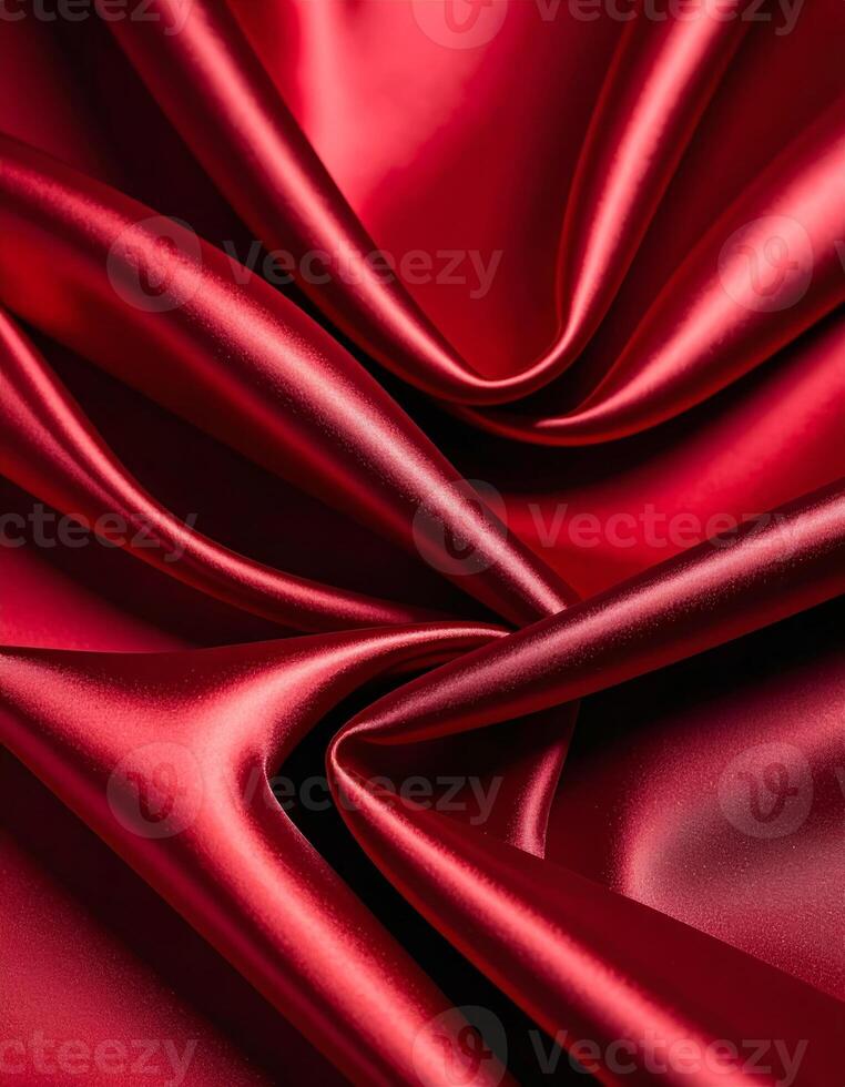Close-up of a deep red, shiny silk fabric surface with a smooth texture background photo