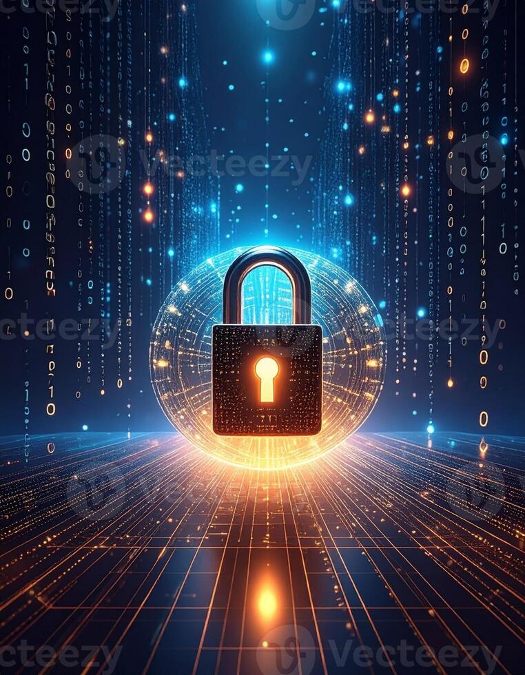 Futuristic digital lock illuminated within a symbolic data-rich setting, representing cybersecurity concepts photo