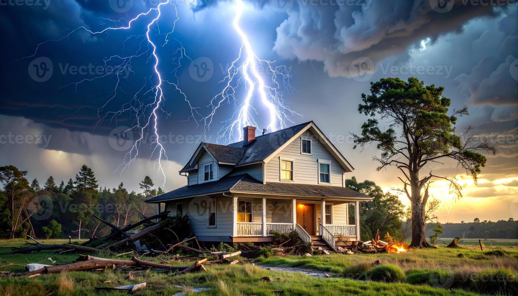 House struck by lightning amid fierce thunderstorms and approaching hurricane scene photo