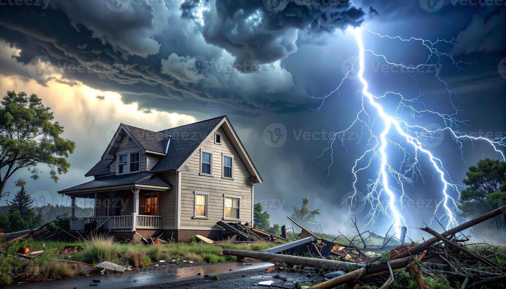 A home surrounded by a fierce thunderstorm and hurricane, with lightning flashing across the turbulent sky photo
