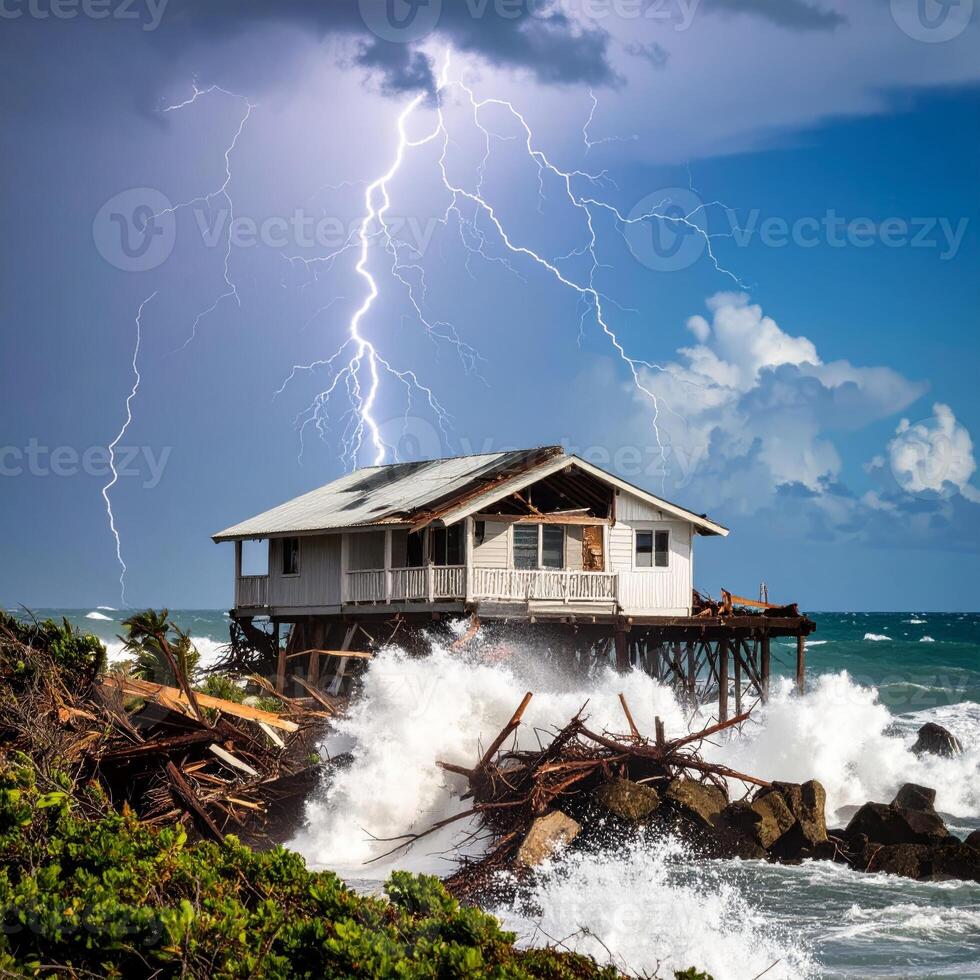 A home surrounded by a fierce thunderstorm and hurricane, with lightning illuminating the dark sky and towering ocean waves. photo
