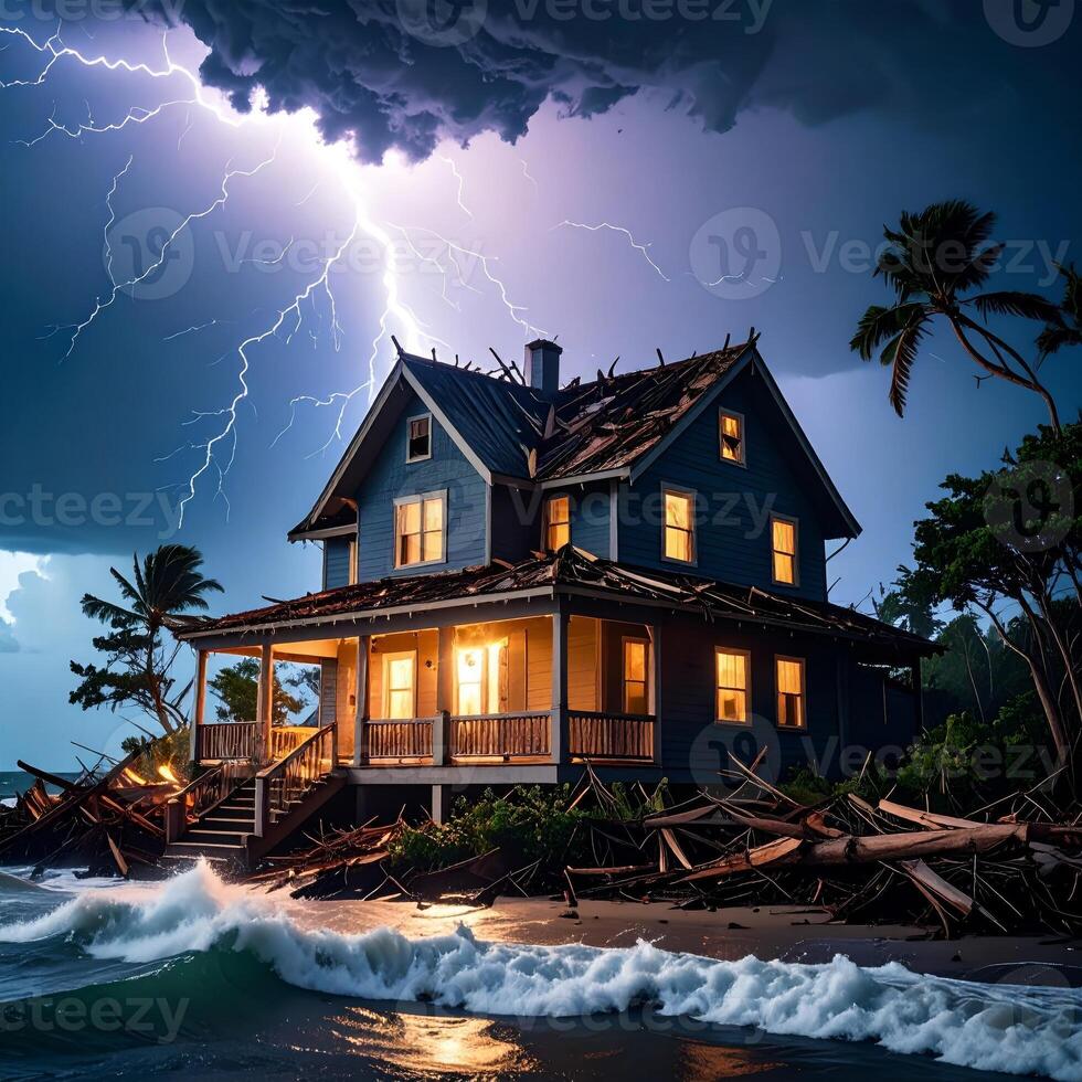 A home surrounded by fierce storms, fierce lightning, and towering sea waves during a hurricane. photo