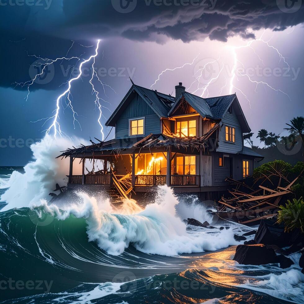 Home surrounded by fierce storm, lightning crackling overhead, powerful waves crashing below during a hurricane. photo