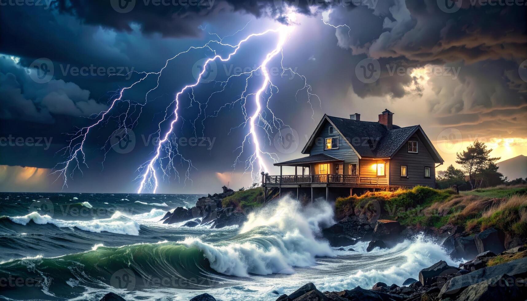 A home surrounded by fierce storm and hurricane, lightning flashing across the dark skies, with towering ocean waves crashing around it. photo