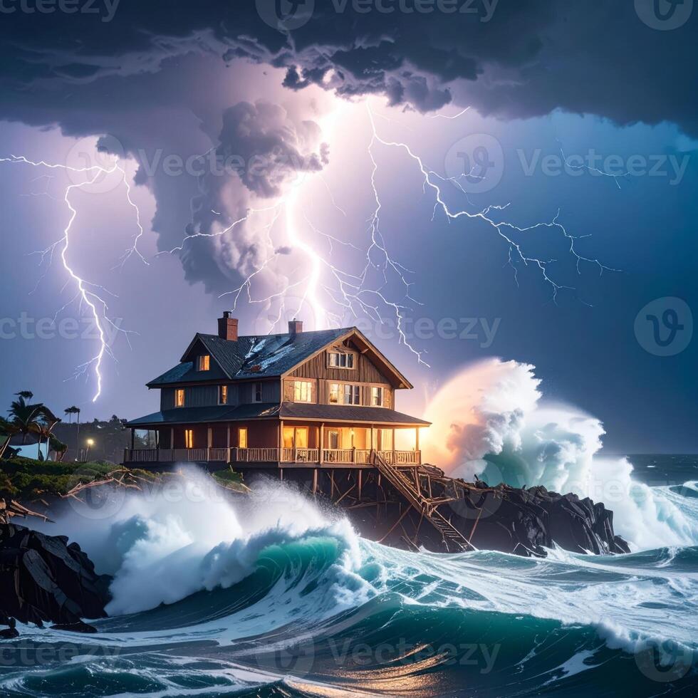 A home surrounded by fierce storm clouds, lightning flashing, and towering ocean waves during a hurricane. photo