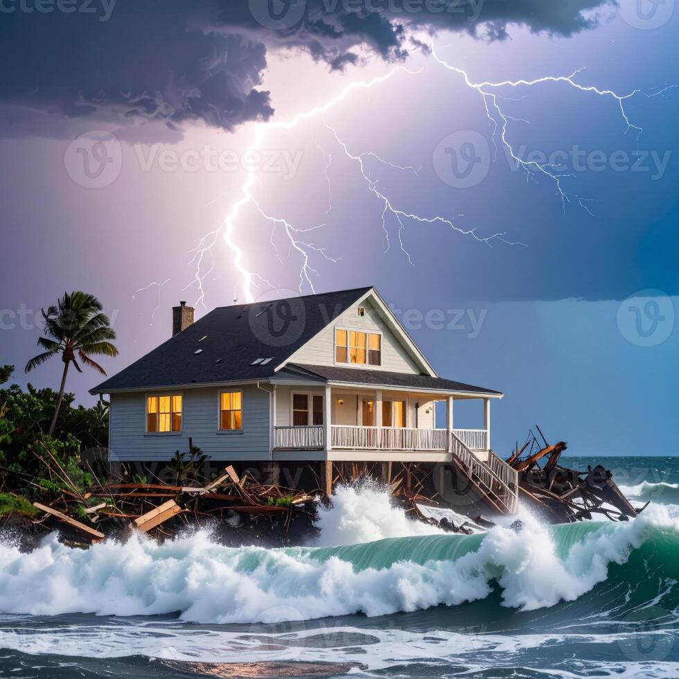 Home surrounded by a fierce thunderstorm and hurricane, with lightning illuminating the dark sky and towering ocean waves crashing below. photo