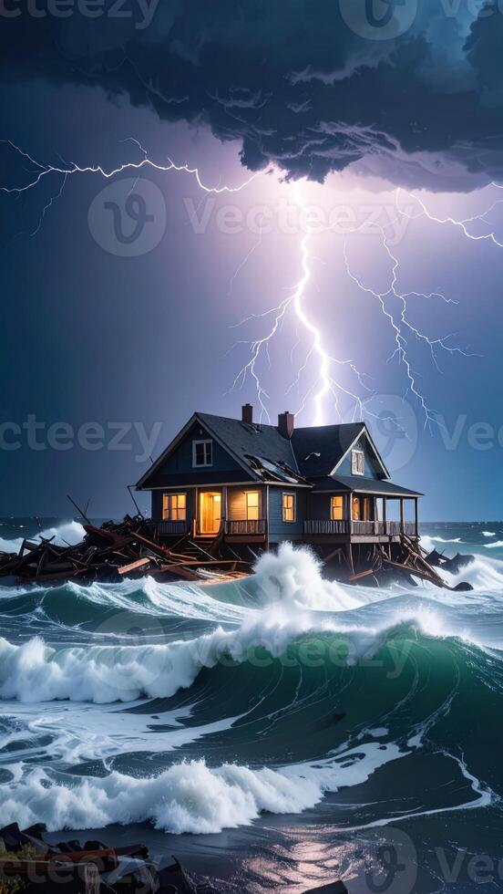 Home surrounded by fierce storm, crashing waves, lightning strikes, and a raging hurricane overhead photo