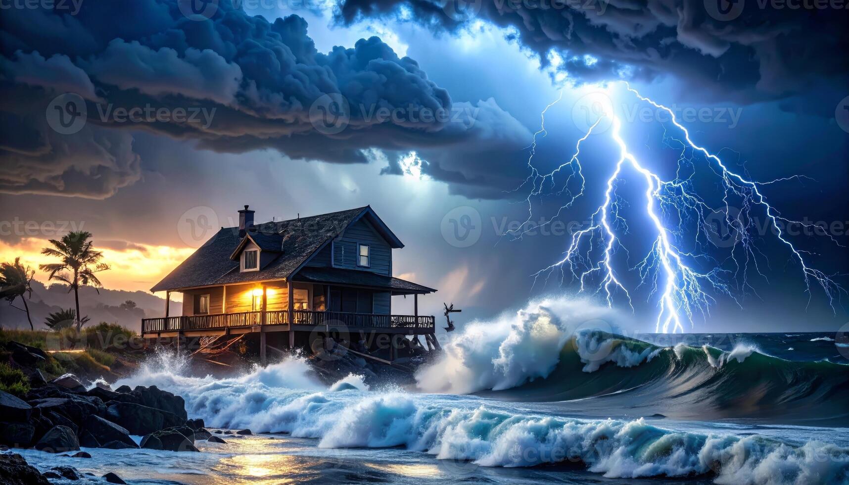 A home surrounded by fierce storm clouds, crashing waves, and lightning during a powerful hurricane photo