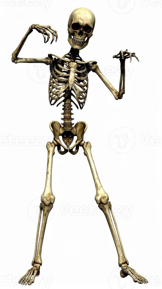 Festive skeleton dance against a plain backdrop, showing a lively X-ray of a human bone structure striking stylish poses photo