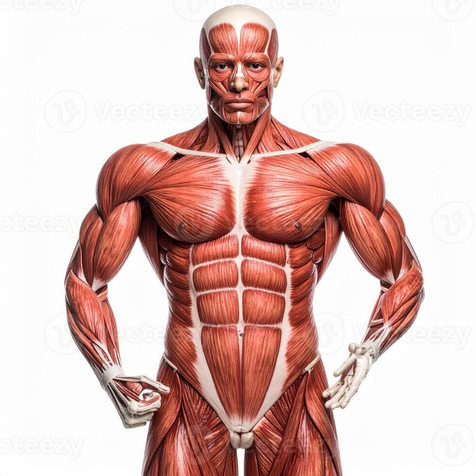 Anatomy of a man's muscular system displayed against a white backdrop, showing muscles beneath the skin photo