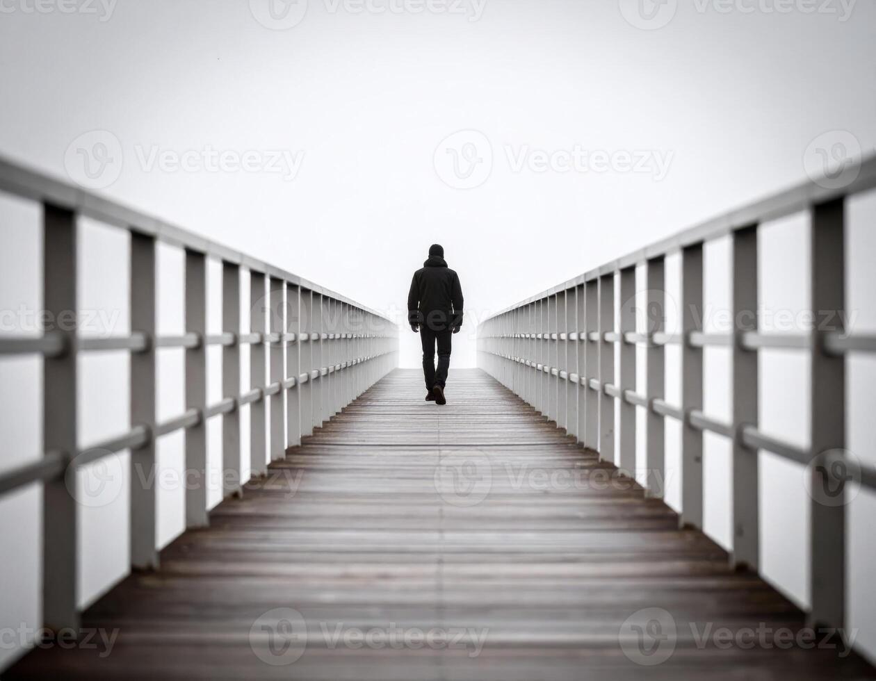 A man alone on a lengthy bridge or road, embodying solitude and reflection photo