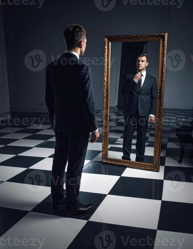 A suited man gazes into a mirror with an eerie reflection on a checkerboard floor, creating a surreal horror scene. photo