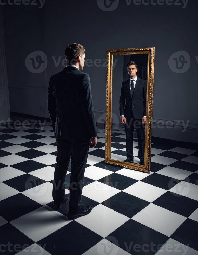 A suited man gazes into a mirror reflecting a bizarre image, set on a checkered floor in an eerie, thought-provoking scene photo
