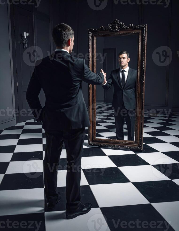 A suited man gazing into a mirror with a bizarre reflection on a checkered floor, evoking a surreal horror atmosphere photo
