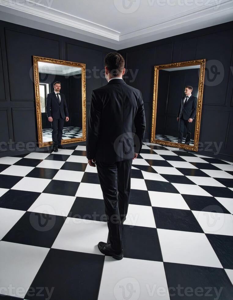 A suited man gazes into a mirror with a bizarre reflection, set against a checkered floor in a surreal horror scene photo