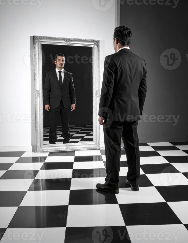 A suited man staring into a mirror with a bizarre reflection on a checkered floor, creating a surreal horror scene. photo