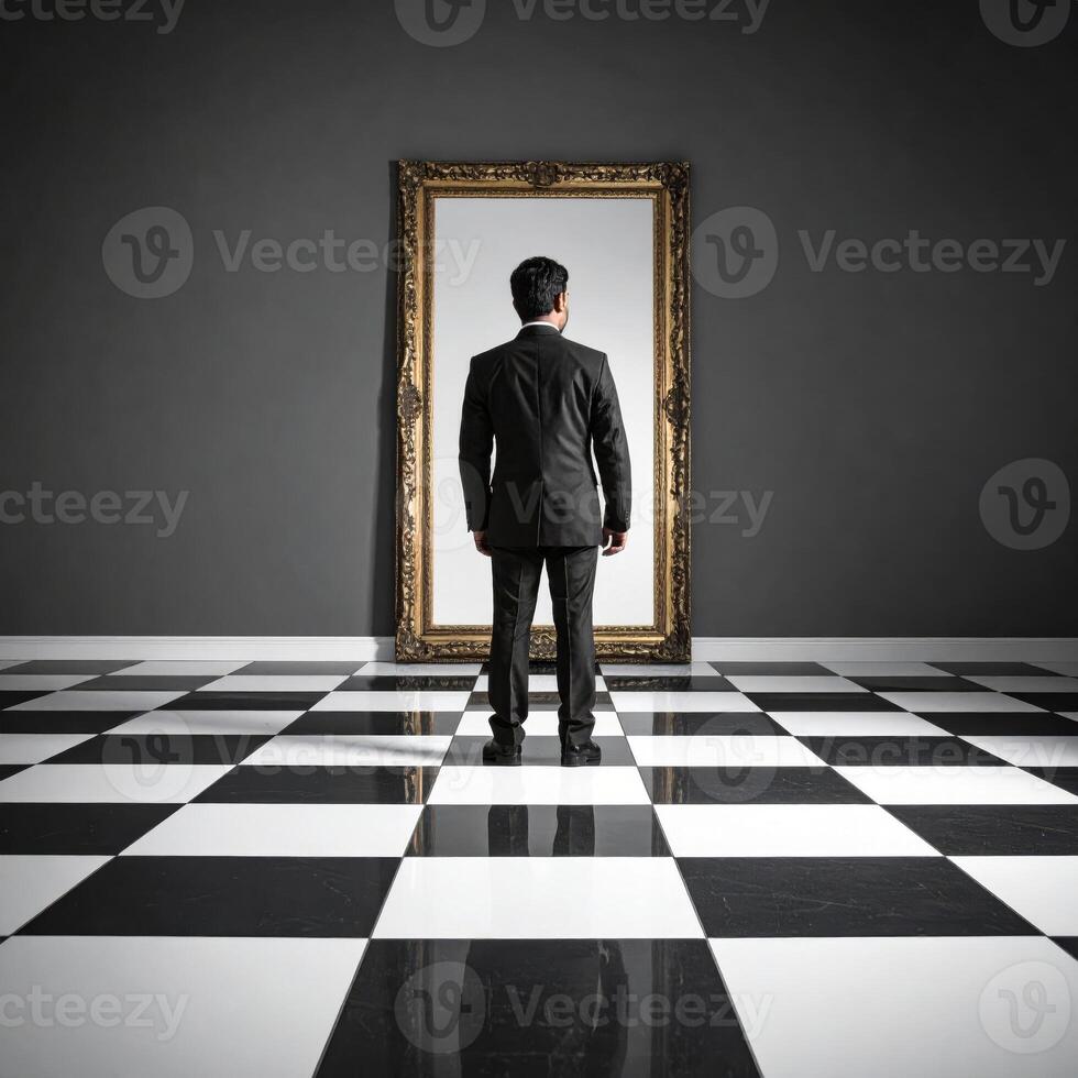 A suited man gazes into a mirror reflecting a bizarre image, set on a checkered floor in a surreal horror scene. photo