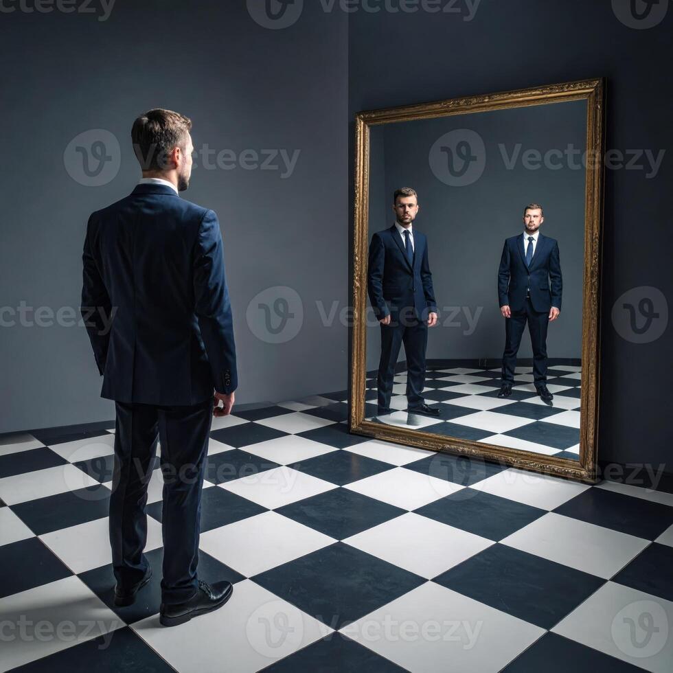 A suited man gazes into a mirror with an unusual reflection on a checkered floor, creating a surreal horror scene. photo