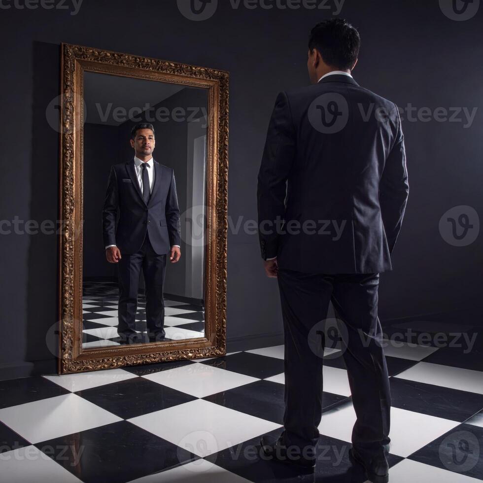 A suited man gazes into a mirror showing a bizarre reflection on a checkered floor, evoking a surreal horror scene. photo